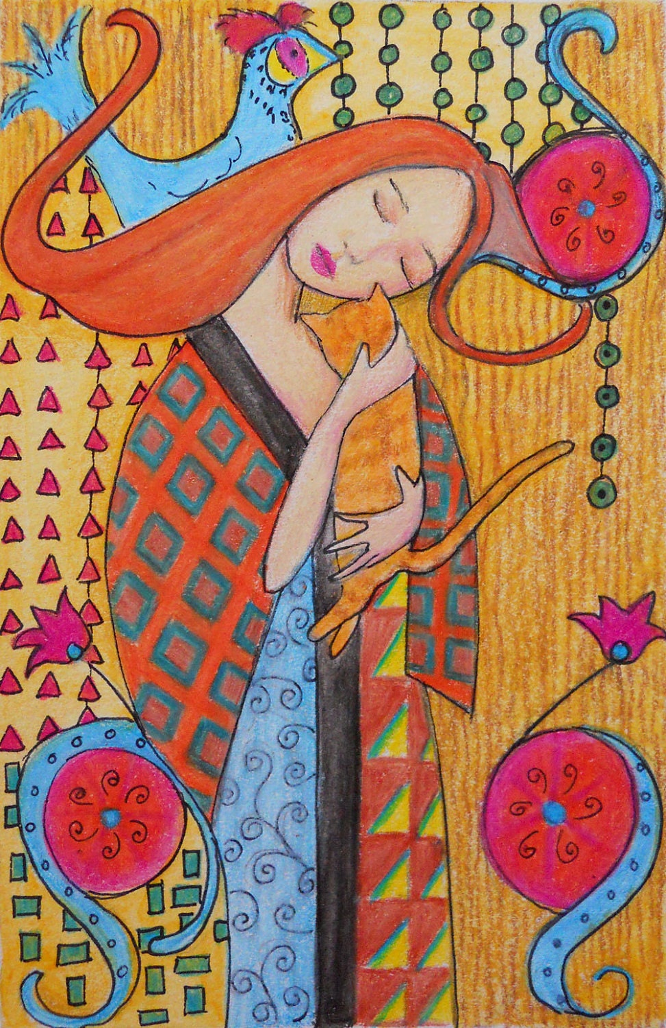 Woman and Cat - Klimt inspired - Matted Original Mixed Media Art