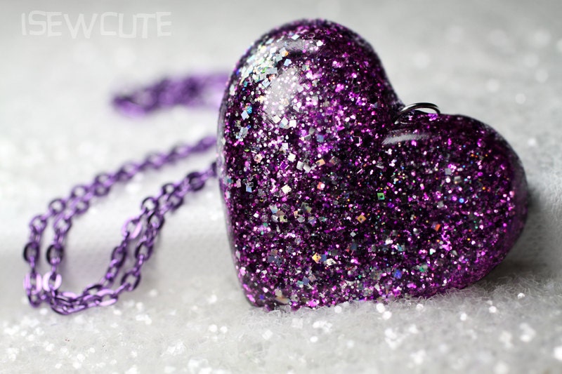 Purple Glittery Big Heart Hand Cast Resin Pendant Necklace High Fashion Accessory by isewcute
