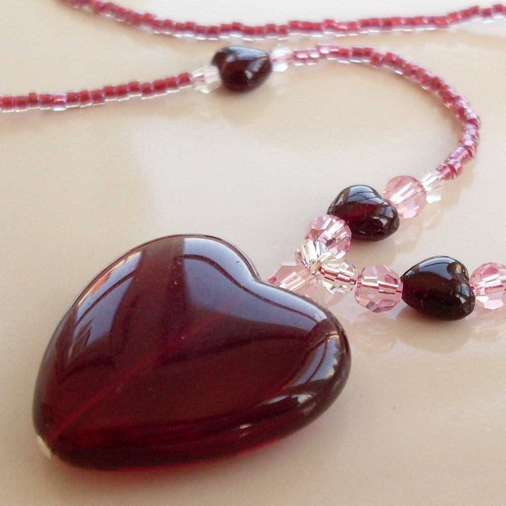 Garnet Ruby Red Glass Heart with Swarovski Crystals Sterling Silver Necklace