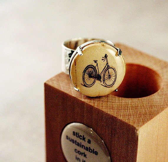 Bike Ring - Bicycle Recycled Cork Jewelry in Wood Cube by Uncorked - Ride Green