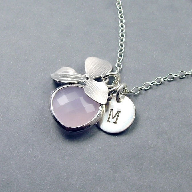 Personalized Necklace Orchid, Pink Glass Drop and Custom Initial Necklace - 'Isobella' - Sterling Silver