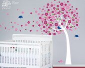 Cherry Blossom Tree wall decal with leaves and 3 birds. Tree wall decal for nursery, baby room. Nursery tree decals.
