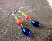 ON SALE - Earrings  - Cobalt Blue, Coral and Chartreuse Dangles - Mardi Gras