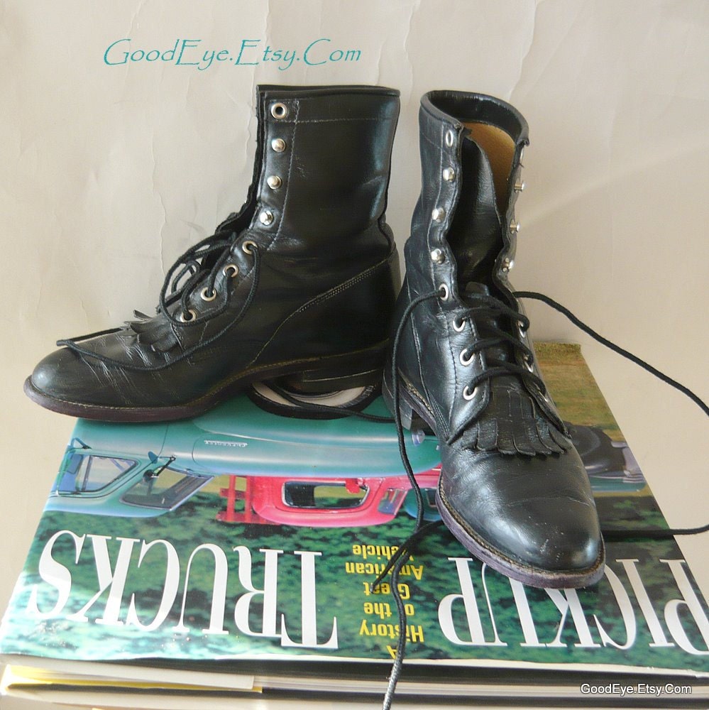 Black Leather Justin Ankle Boots 8 B Eur 38 UK 5 .5 Oxfords Lace up Granny Combat