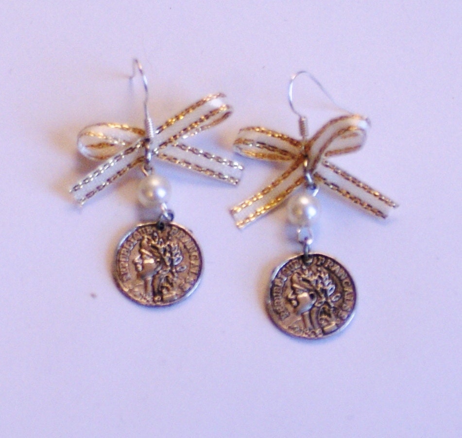 Faux French coin charm earrings with faux pearls and cream and gold fabric bows on silver-plated fish-hooks