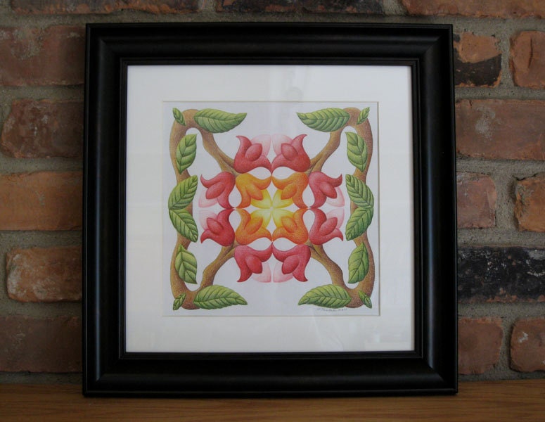 FRAMED, Original Flower Drawing, colored pencil, 12x12