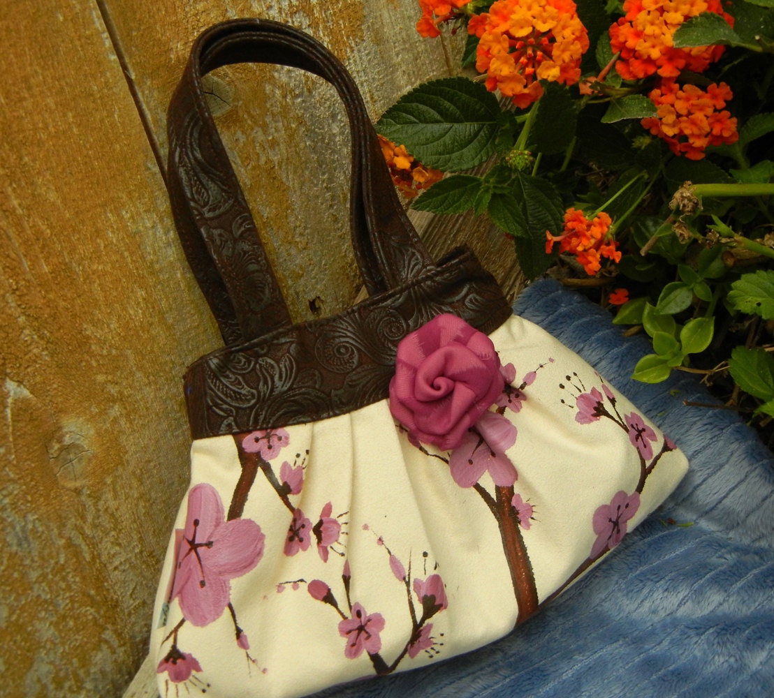 Pleated Kids Purse in Cream Ultrasuede with Hand Painted Cherry Blossoms and Leather Accent and Handles