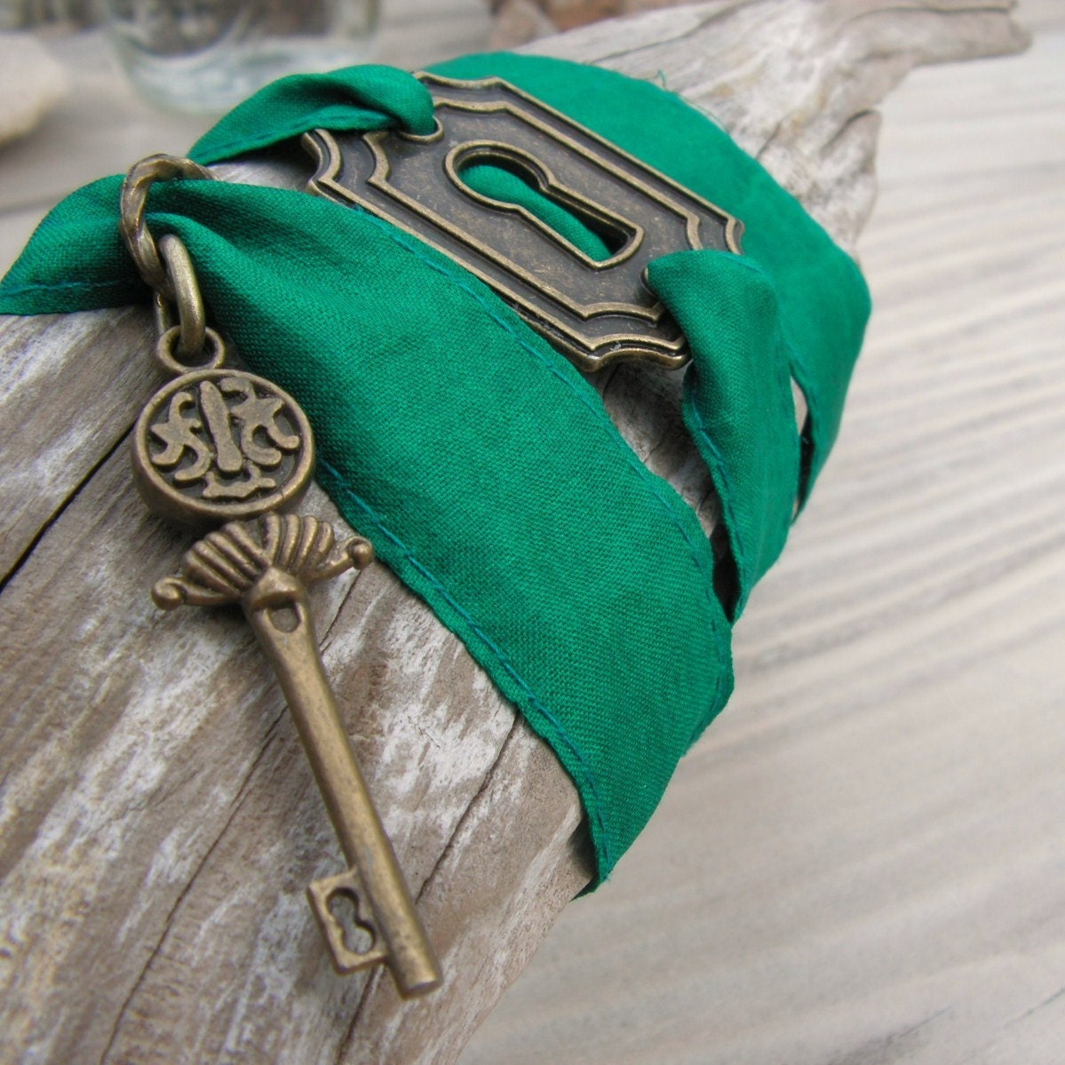 Silk Wrap Bracelet Made From Upcycled Sari Silk - Emerald Green With Key and Keyhole