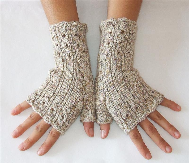 Elegant Fingerless Gloves  -  Cables and Lace  -  Melange