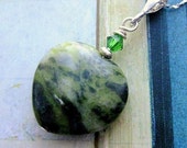 Connemara Marble Pendant . Heart Pendant with Emerald Swarovski Crystal & Fine Silver Chain. Croí