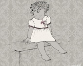 Nursery Art - INFANT - Printed illustration -baby girl cream dark grey on vintage light grey pattern