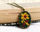 Hand embroidered necklace cross stitch amber flower on dark green felt - gift for her under 25