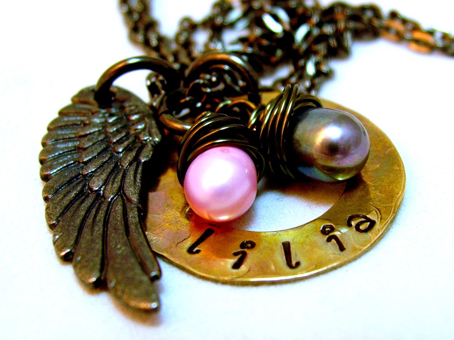 Steampunk Handstamp Necklace - Peacock Black Pearl - Rustic Brass Washer - Gunmetal Angel Wing Charm - Jewelry - Gunmetal Necklaces