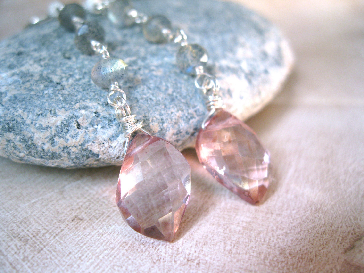 Grapefruit Pink Quartz, Labradorite Silver Earrings