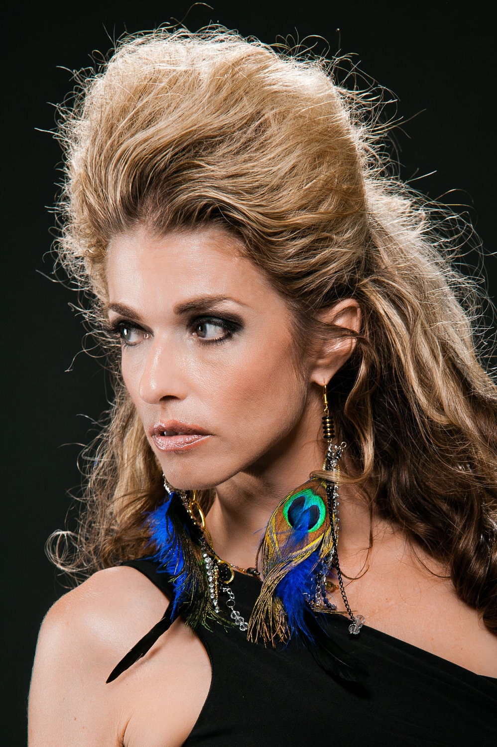 Peacock feather earrings with black, gold, silver and rhinestone chain