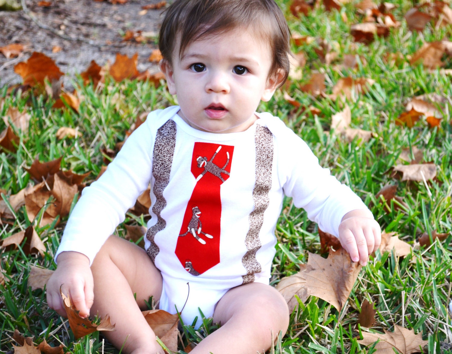 Baby Boy Onesie with Tie and Suspenders  - Sock Monkey - Retro Look - Photo Prop - Summer - Birthday Outfit