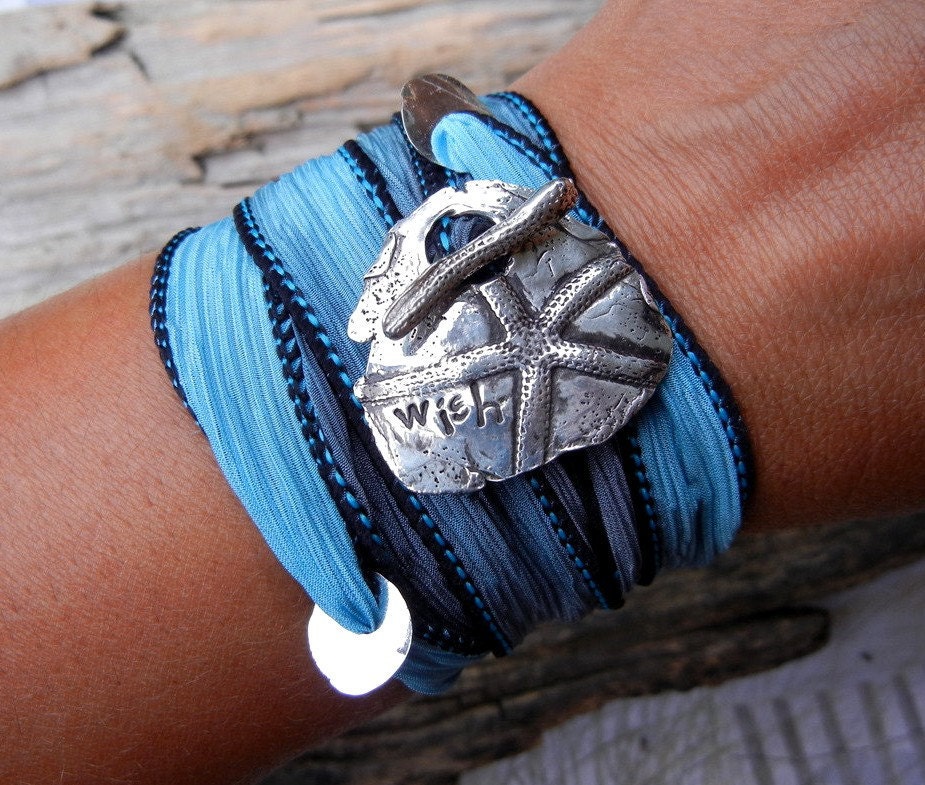 Silver Wrap Bracelet, Sterling Silver Wrap Bracelet, Fine Silver Artisan Bracelet, Boho Jewelry, Boho Chic Style Jewelry, Blue, Any Color