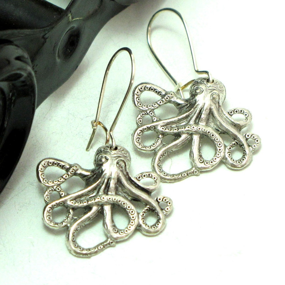 Jules Verne Octopus Steampunk Earrings Squid Silver Ear Wires By Mystic Pieces