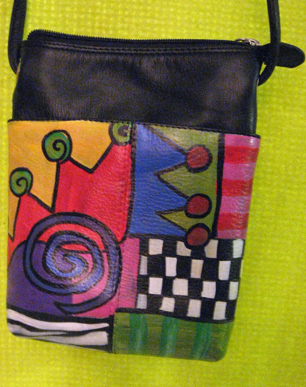 painted leather hand bag abstract design long adjustable shouder strap