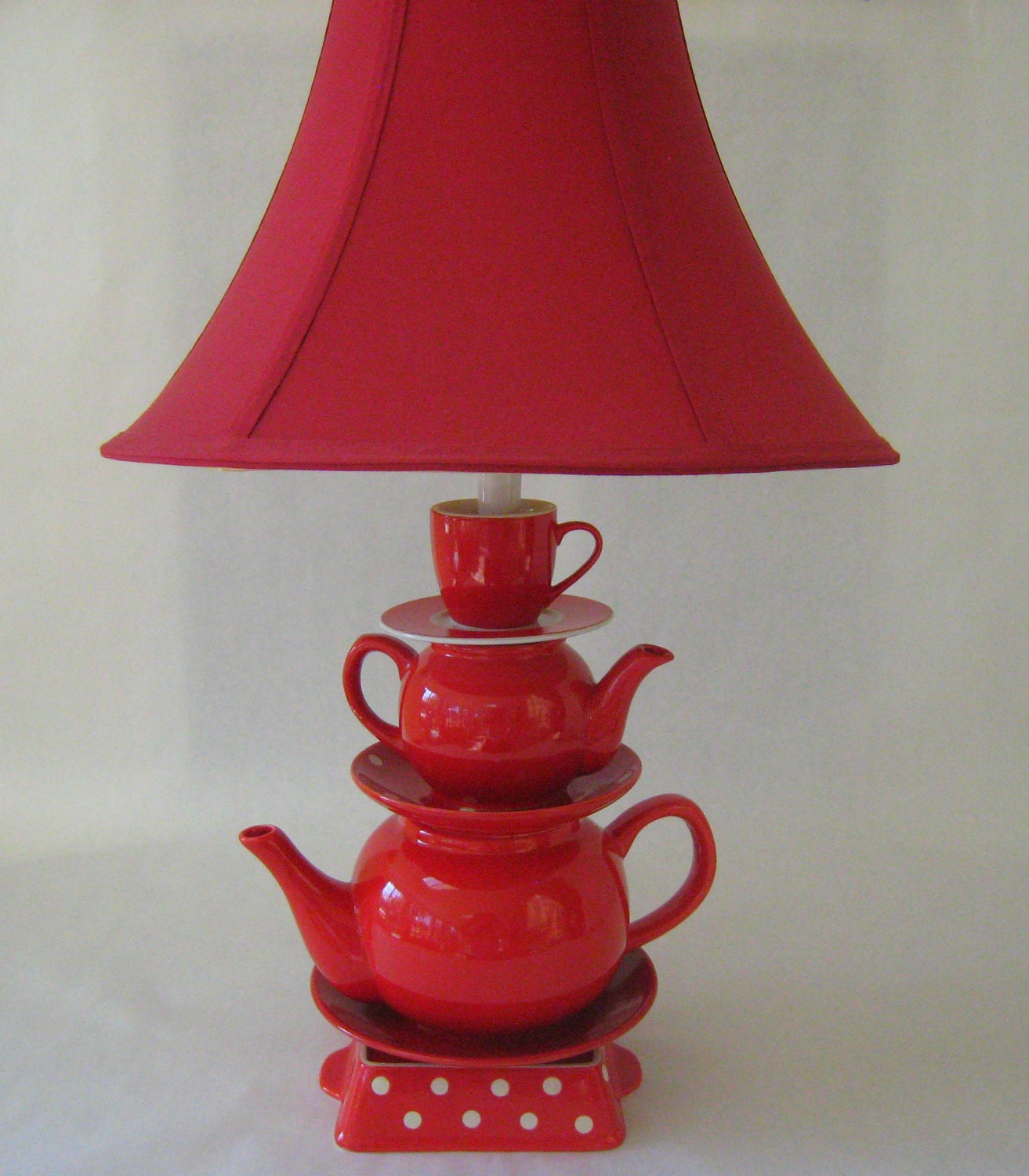 Teapot Lamp, Red Teapots Tea Cup and Saucer with Polka Dots  Country Cottage