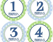 Baby Month Stickers Baby Boy Monthly Onesie Stickers Navy Blue Green Polkadot First Year Month Stickers Baby Shower Gift and Photo Prop Trip