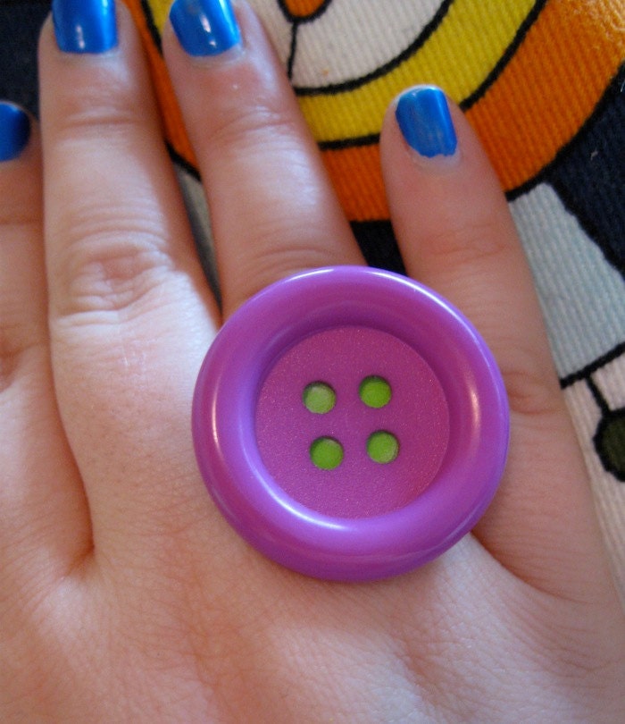 Bright Purple & Green Adjustable Button Ring