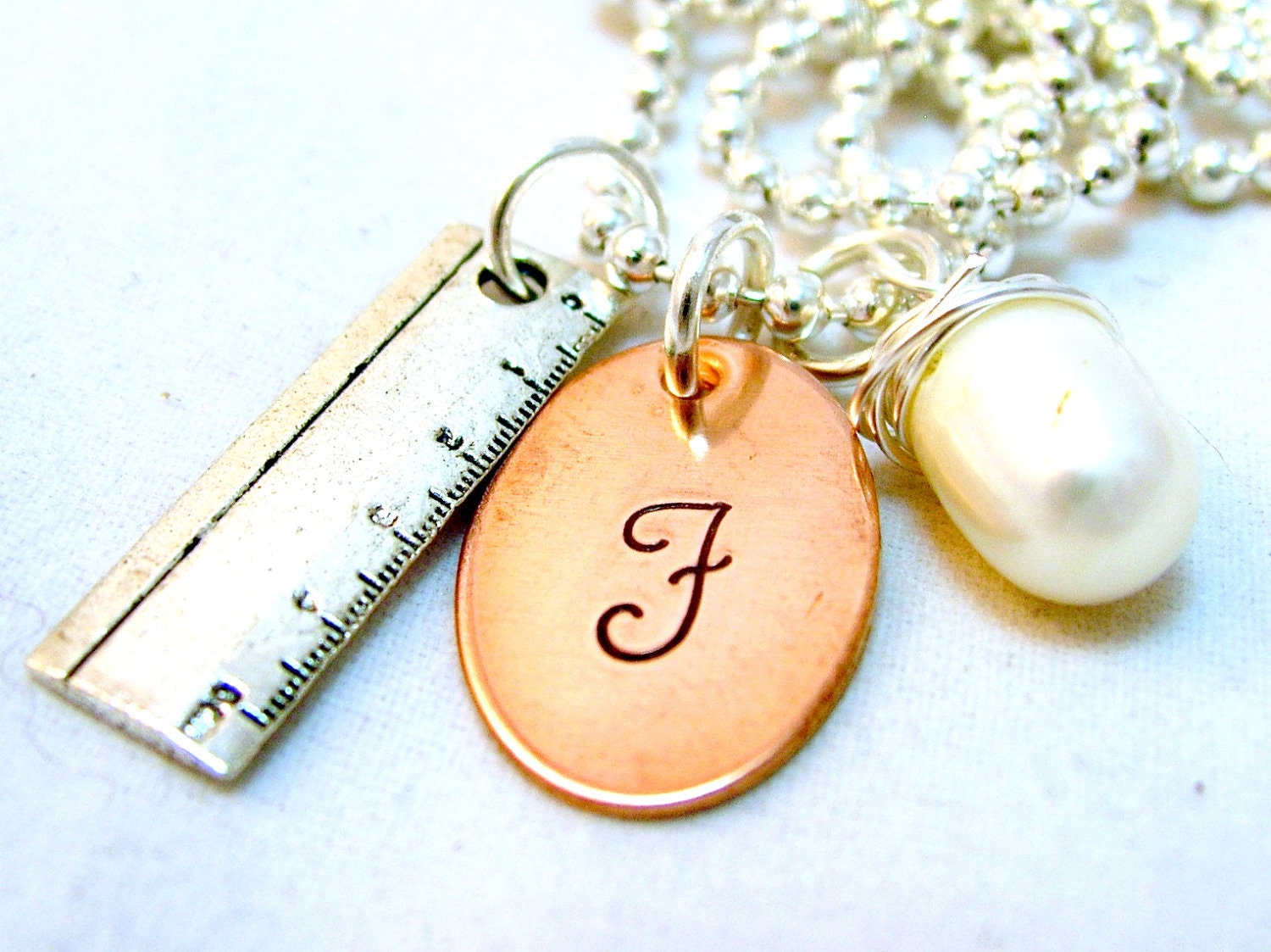 I Rule the World - Ruler Lover - Teacher Monogrammed Large Initial- Hand Stamped Oval Pendant-Personalize Necklace