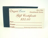 Gift Certificate for OrganiLuxe - Organic Cotton Gifts, Eco Friendly Gifts - 25 Dollars