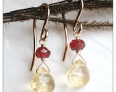 christmas earrings, citrine garnet gold filled dangle earrings, holiday jewelry, gemstone earrings, red and gold. Wear Poetry