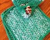 2 Pot holders / Hot pads AND a matching dishcloth - handmade green and white