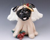 Angel Pug Ornament Red Roses Porcelain