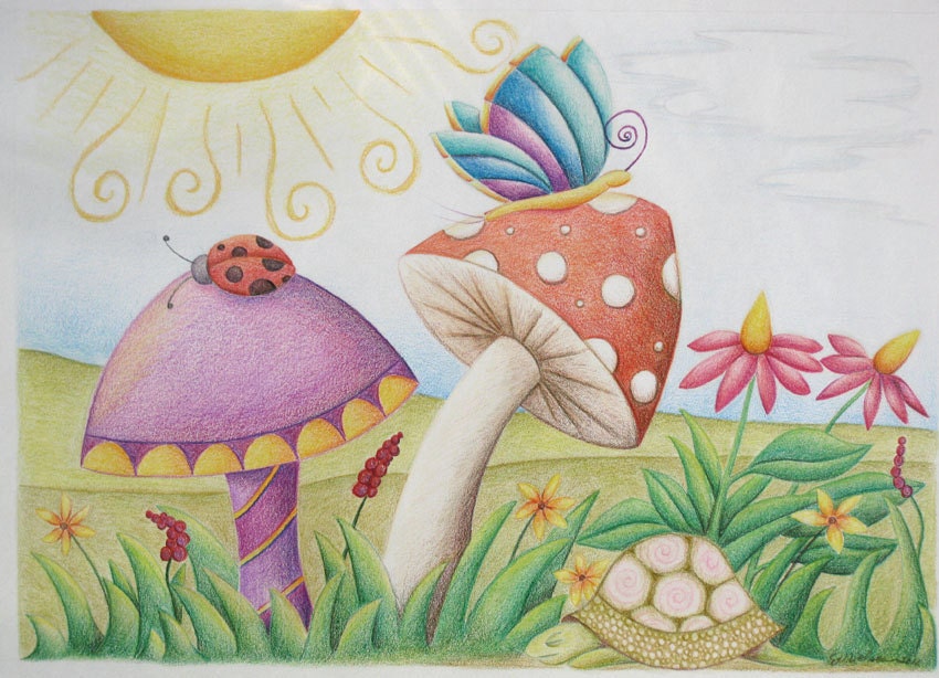 Original drawing, The Sleepy Turtle-- Prismacolor pencil
