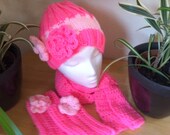 PINK winterset - hat beanie with flowers, matching fingerless gloves and cozy scarf