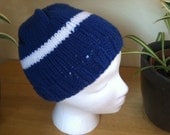 Blue with White Stripe knitted beanie hat