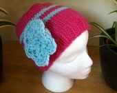 PINK with Blue Stripe knitted beanie hat with cute detachable flower