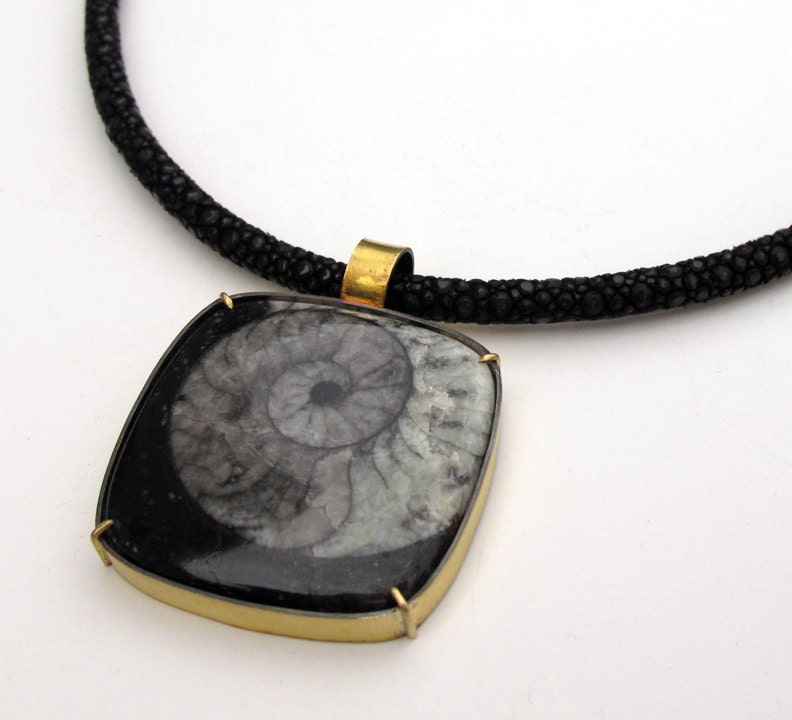 Nautilus Shell Spiral Fossil Pendant  22K and Silver
