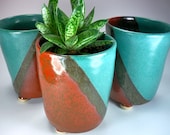 SALE, Ceramic Planter,  Tall Flower Pot, Handmade Stoneware Pottery in Orange Turquoise Moss Green - JulieKnowlesPottery
