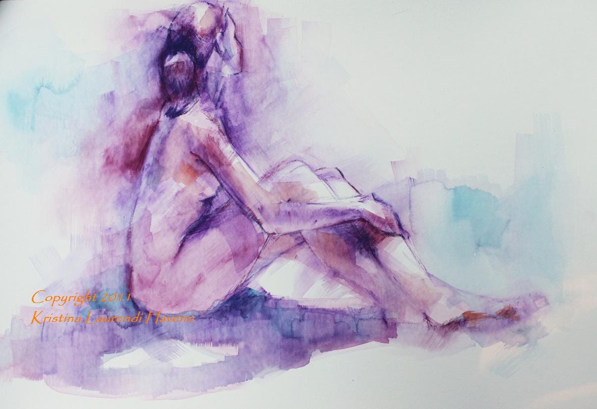 Watercolor Figure Drawing of Nude in Lavender and Blue Original Art Painting