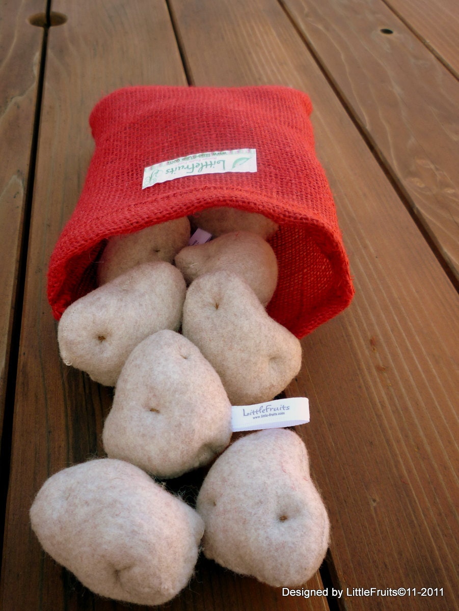 Felt Potatoes in a red Burlap Potato Sack Handcrafted Toy, Pretend Play Food or Home Decor, 5 Pcs.