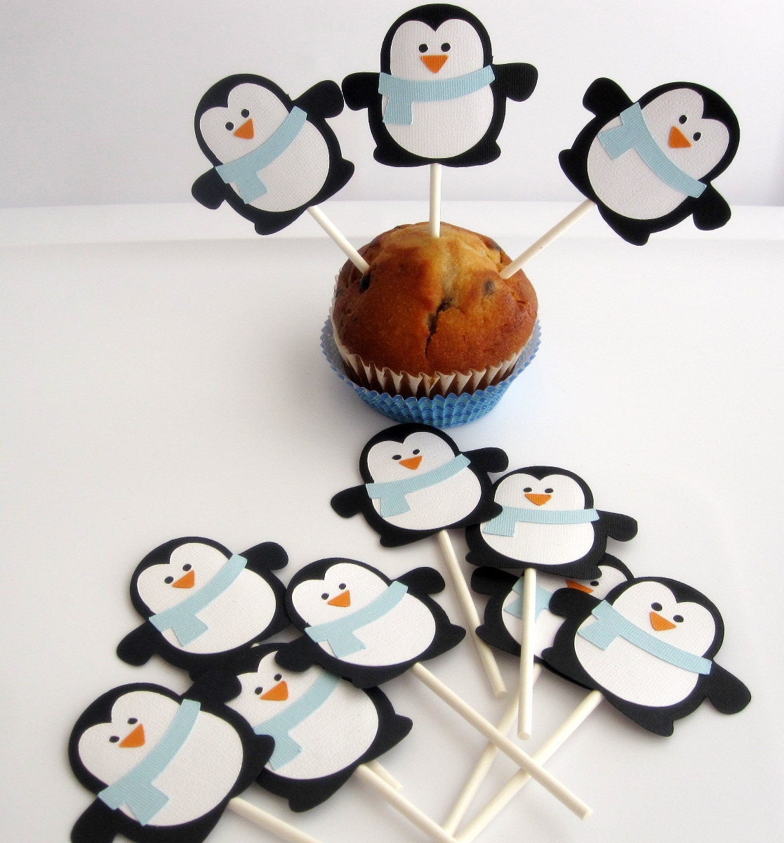 12 Penguin Cupcake toppers , adorable winter Christmas Die cut layered Penguin Cupcake toppers