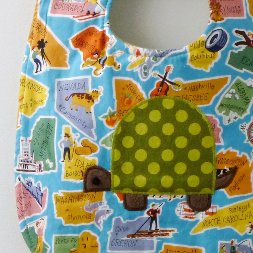 Appliqued Turtle Baby Bib wtih States