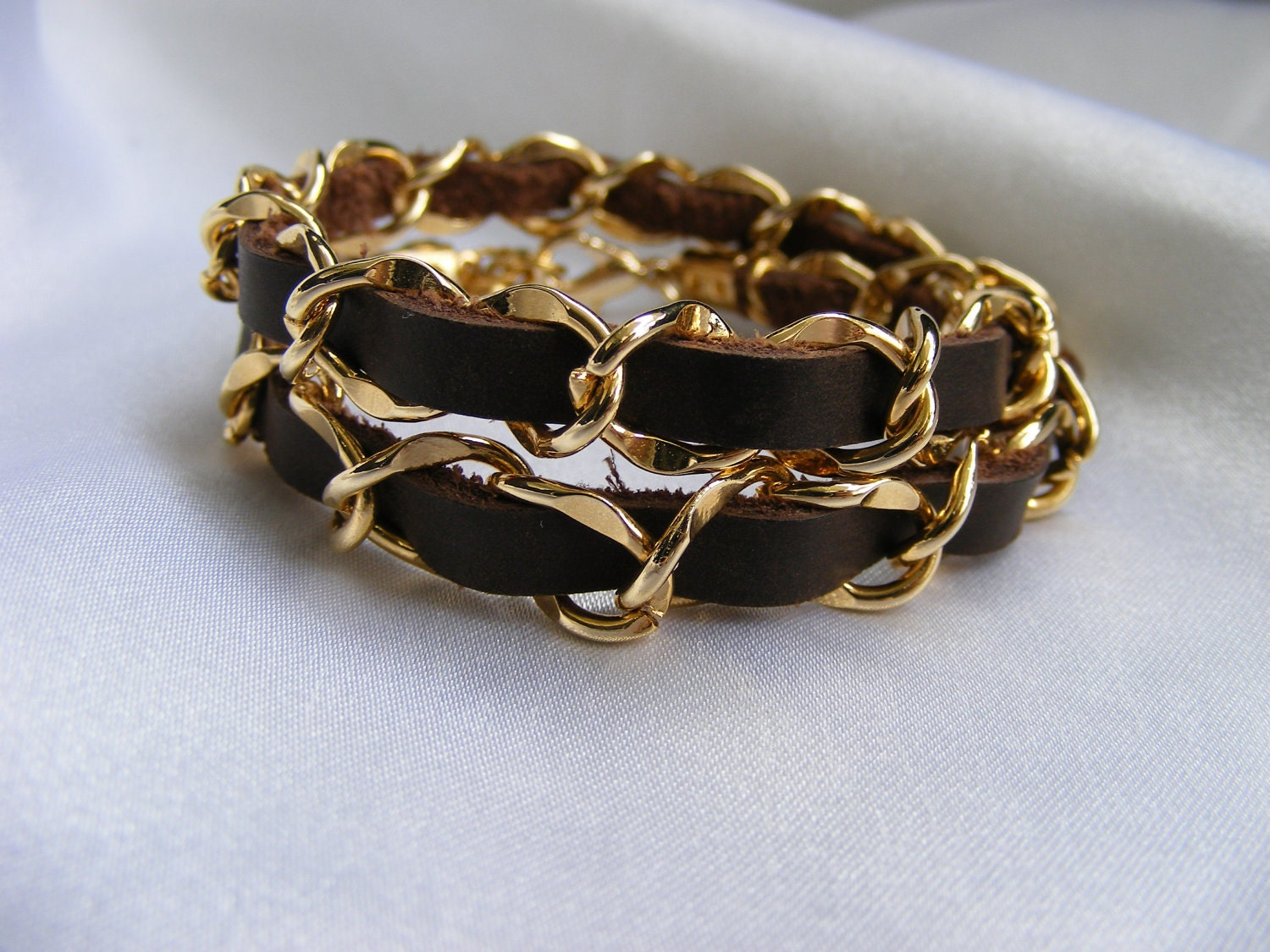 Leather Wrap Bracelet, Brown with Gold Plated Chain