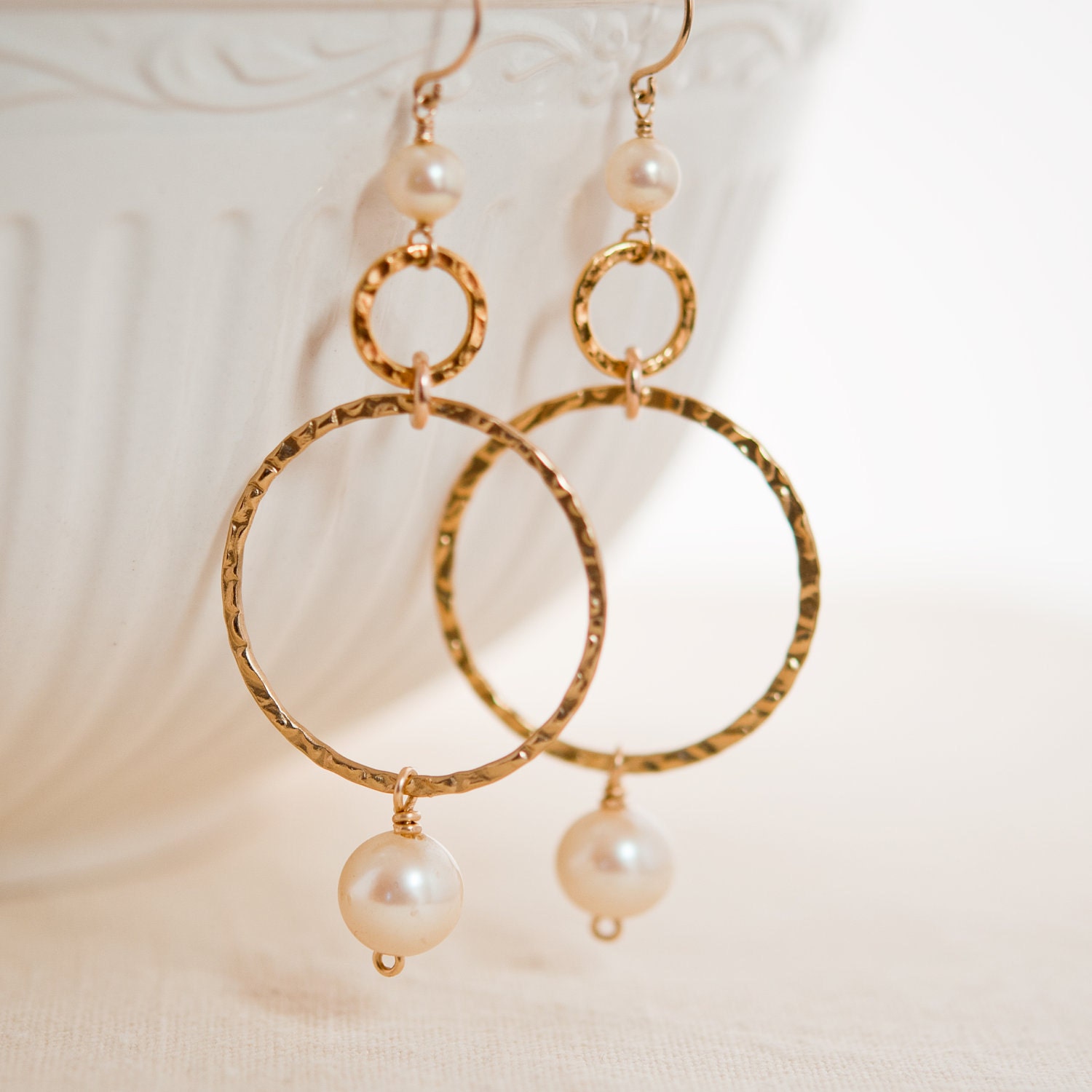 White Pearl Gold Hoop Earrings Bridal Earrings Valentine