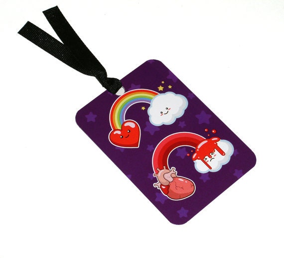 Kawaii Bookmark - Art Bookmark - Handmade Bookmark - Cute Creepy Bookmark - Kawaii Vector Art -  Anatomical Heart, Clouds, Kawaii Rainbows
