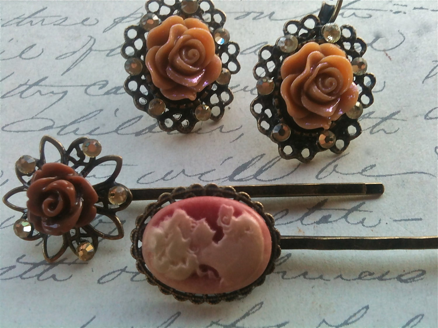 AccessoriesSet Earrings and Hair Pins Cabochon Brown Rose with taupe Swarovski Crystal Antique Vintage Steampunk Gift