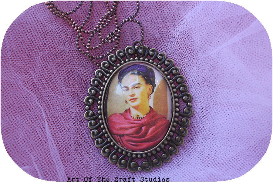 Frida Kahlo under Glass in Brass Setting Necklace