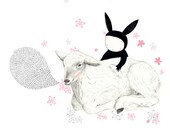 Black bunny and lamb - cherry blossoms - Spirit of Nature - Friendship