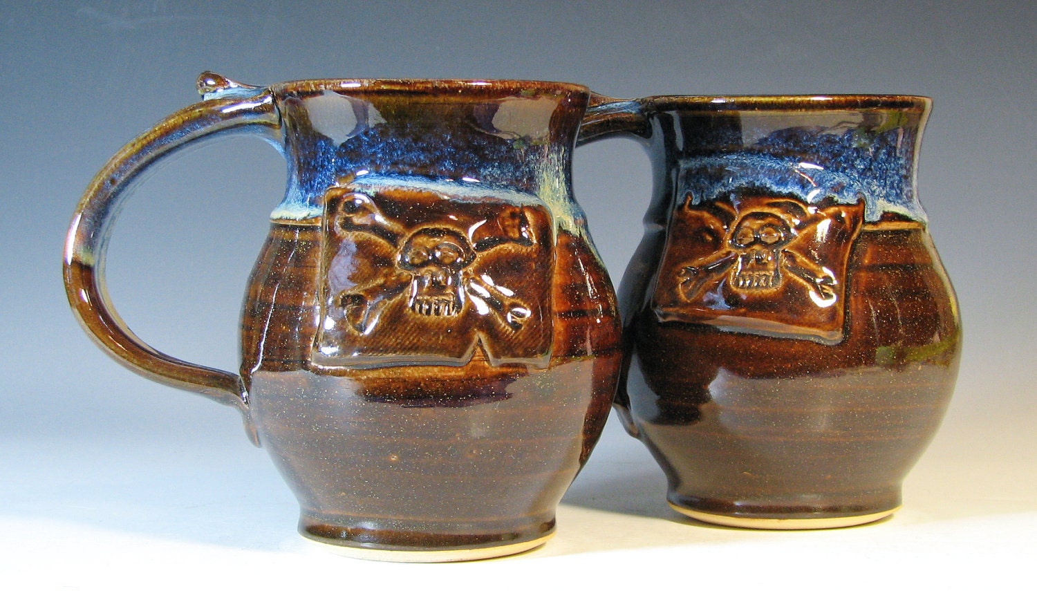 Coffee mug pirate, giant ceramic cup set, glazed in caramel brown blue cream, handmade stoneware by hughes pottery