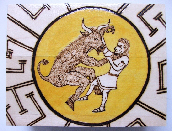 Woodburned Box --Theseus and the Minotaur