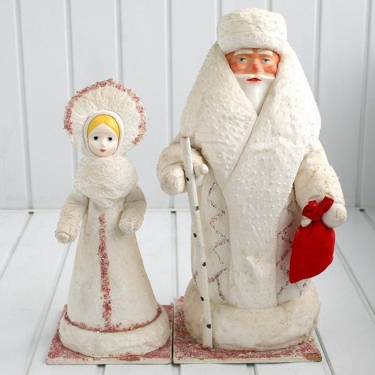 Ded Moroz and Snegurochka Christmas Figurines Dolls / Santa and Snow Maiden / from 1960s 1970s Russia / Soviet Union